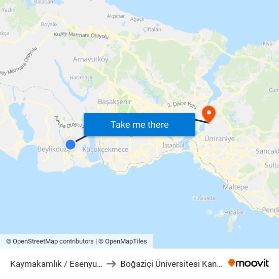 Kaymakamlık / Esenyurt Belediyesi to Boğaziçi Üniversitesi Kandilli Yerleşkesi map