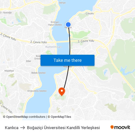 Kanlıca to Boğaziçi Üniversitesi Kandilli Yerleşkesi map