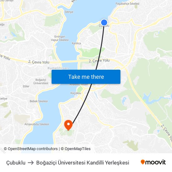 Çubuklu to Boğaziçi Üniversitesi Kandilli Yerleşkesi map