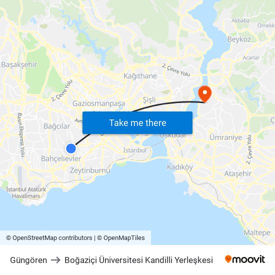 Güngören to Boğaziçi Üniversitesi Kandilli Yerleşkesi map