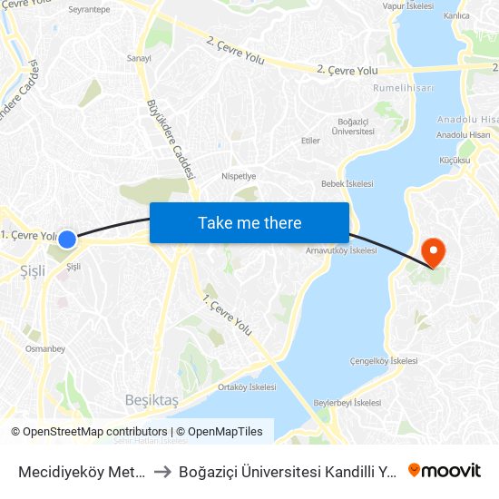 Mecidiyeköy Metrobus to Boğaziçi Üniversitesi Kandilli Yerleşkesi map