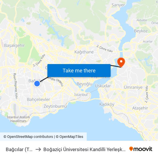 Bağcılar (T1) to Boğaziçi Üniversitesi Kandilli Yerleşkesi map