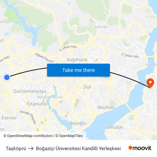 Taşköprü to Boğaziçi Üniversitesi Kandilli Yerleşkesi map