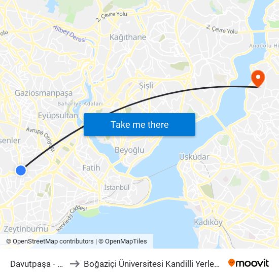 Davutpaşa - Ytü to Boğaziçi Üniversitesi Kandilli Yerleşkesi map