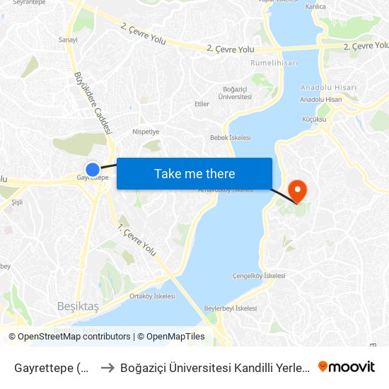 Gayrettepe (M2) to Boğaziçi Üniversitesi Kandilli Yerleşkesi map