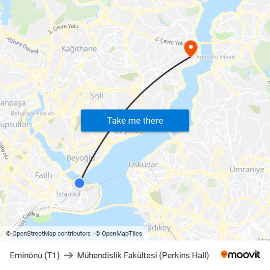 Eminönü (T1) to Mühendislik Fakültesi (Perkins Hall) map