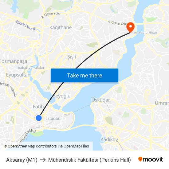 Aksaray (M1) to Mühendislik Fakültesi (Perkins Hall) map