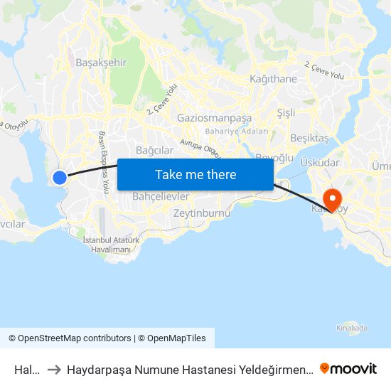 Halkalı to Haydarpaşa Numune Hastanesi Yeldeğirmeni Semt Polikliniği map