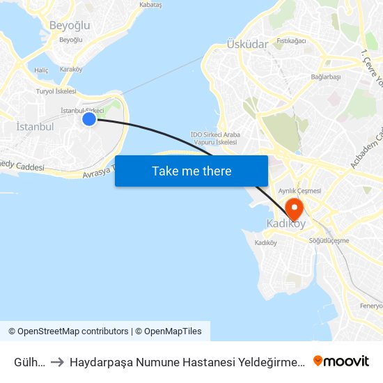 Gülhane to Haydarpaşa Numune Hastanesi Yeldeğirmeni Semt Polikliniği map