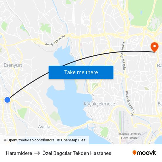 Haramidere to Özel Bağcılar Tekden Hastanesi map