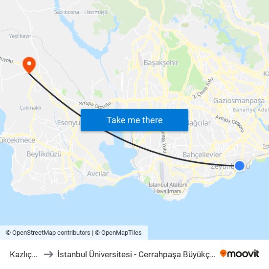 Kazlıçeşme to İstanbul Üniversitesi - Cerrahpaşa Büyükçekmece Yerleşkesi map