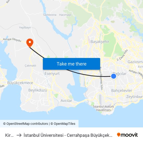 Kirazlı to İstanbul Üniversitesi - Cerrahpaşa Büyükçekmece Yerleşkesi map
