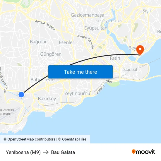 Yenibosna (M9) to Bau Galata map