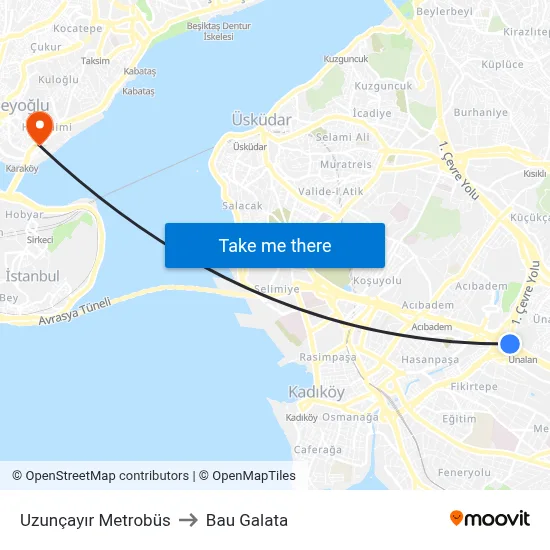 Uzunçayır Metrobüs to Bau Galata map