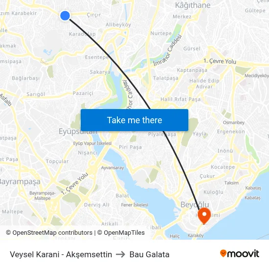 Veysel Karani - Akşemsettin to Bau Galata map