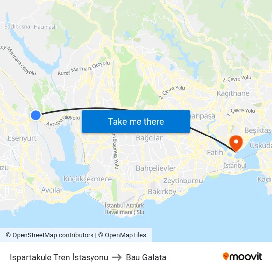 Ispartakule Tren İstasyonu to Bau Galata map