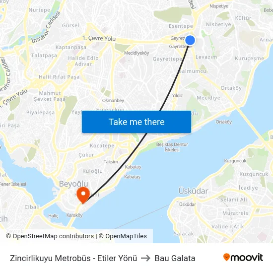 Zincirlikuyu Metrobüs - Beşiktaş Yönü to Bau Galata map