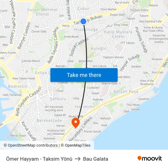 Ömer Hayyam - Taksim Yönü to Bau Galata map