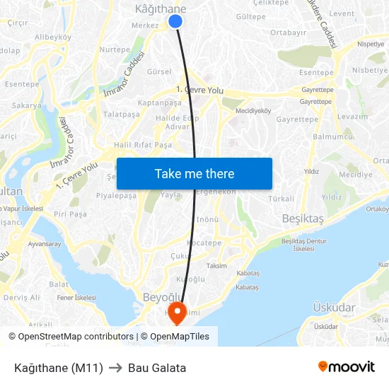 Kağıthane (M11) to Bau Galata map