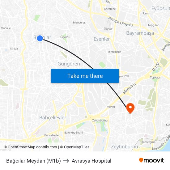 Bağcılar Meydan (M1b) to Avrasya Hospital map