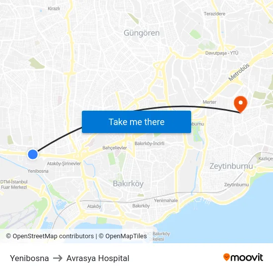 Yenibosna to Avrasya Hospital map