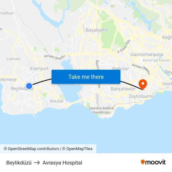 Beylikdüzü to Avrasya Hospital map