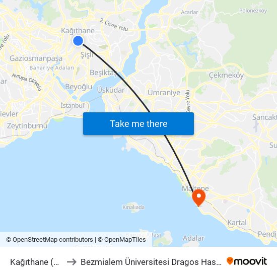 Kağıthane (M7) to Bezmialem Üniversitesi Dragos Hastanesi map