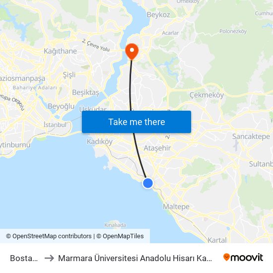 Bostancı to Marmara Üniversitesi Anadolu Hisarı Kampüsü map