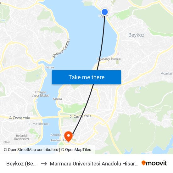 Beykoz (Beyden) to Marmara Üniversitesi Anadolu Hisarı Kampüsü map