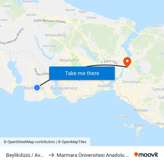 Beylikdüzü / Avcılar Yönü to Marmara Üniversitesi Anadolu Hisarı Kampüsü map