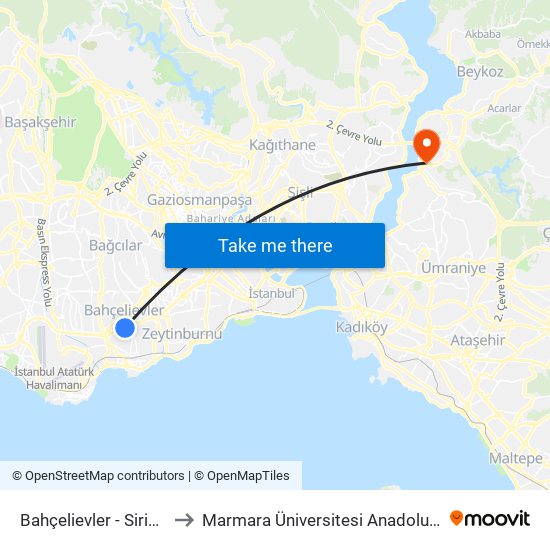 Bahçelievler - Sirinevler Yönü to Marmara Üniversitesi Anadolu Hisarı Kampüsü map