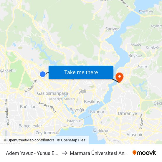 Adem Yavuz - Yunus Emre Mahallesi Yönü to Marmara Üniversitesi Anadolu Hisarı Kampüsü map