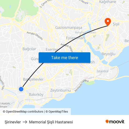 Şirinevler to Memorial Şişli Hastanesi map