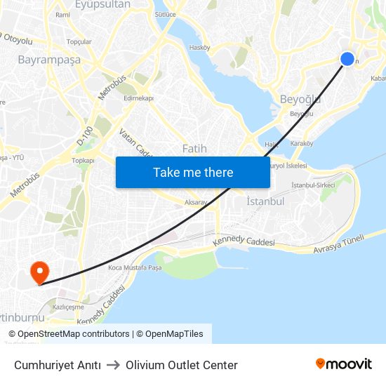 Cumhuriyet Anıtı to Olivium Outlet Center map