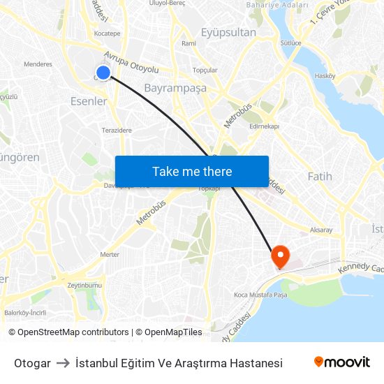 Otogar to İstanbul Eğitim Ve Araştırma Hastanesi map