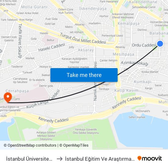 İstanbul Üniversitesi - Laleli to İstanbul Eğitim Ve Araştırma Hastanesi map