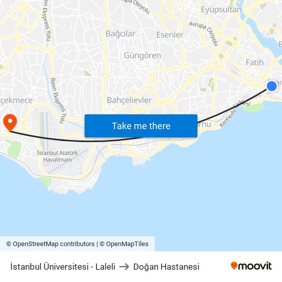 İstanbul Üniversitesi - Laleli to Doğan Hastanesi map