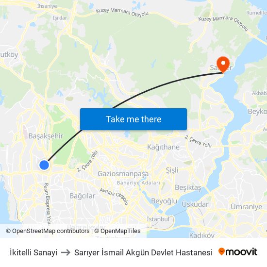 İkitelli Sanayi to Sarıyer İsmail Akgün Devlet Hastanesi map
