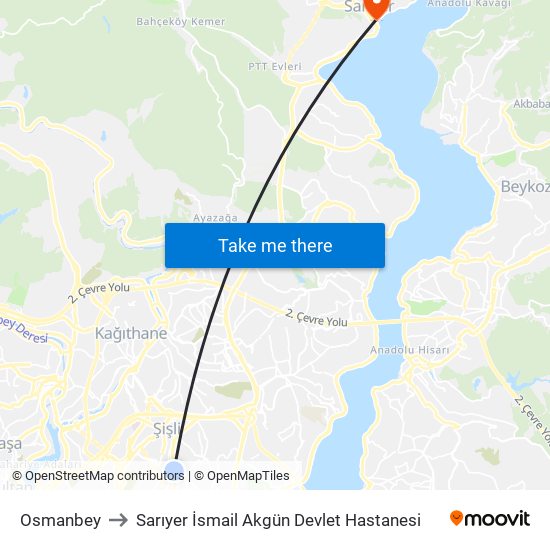 Osmanbey to Sarıyer İsmail Akgün Devlet Hastanesi map