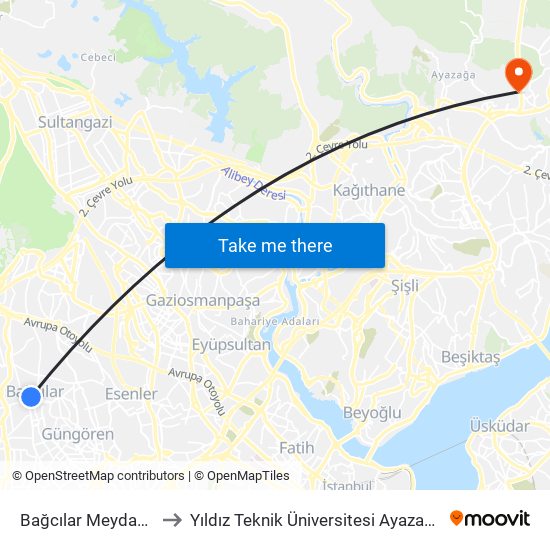 Bağcılar Meydan (M1b) to Yıldız Teknik Üniversitesi Ayazağa Kampüsü map