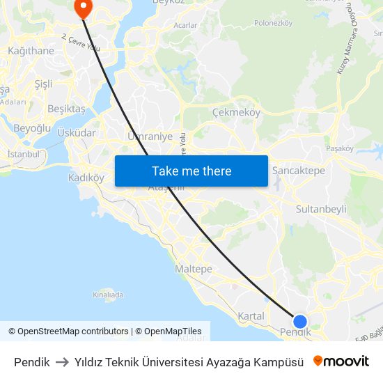 Pendik to Yıldız Teknik Üniversitesi Ayazağa Kampüsü map