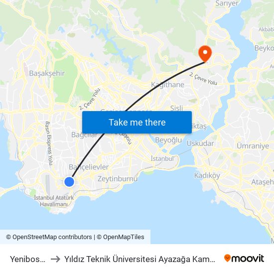 Yenibosna to Yıldız Teknik Üniversitesi Ayazağa Kampüsü map