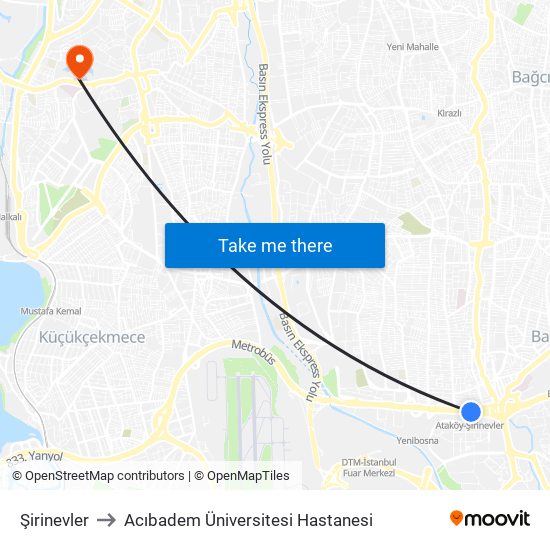 Şirinevler to Acıbadem Üniversitesi Hastanesi map