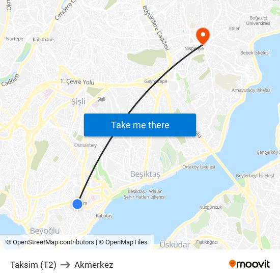 Taksim (T2) to Akmerkez map