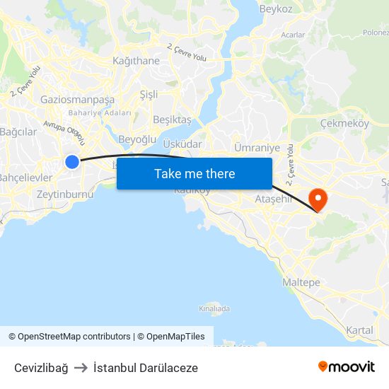 Cevizlibağ to İstanbul Darülaceze map