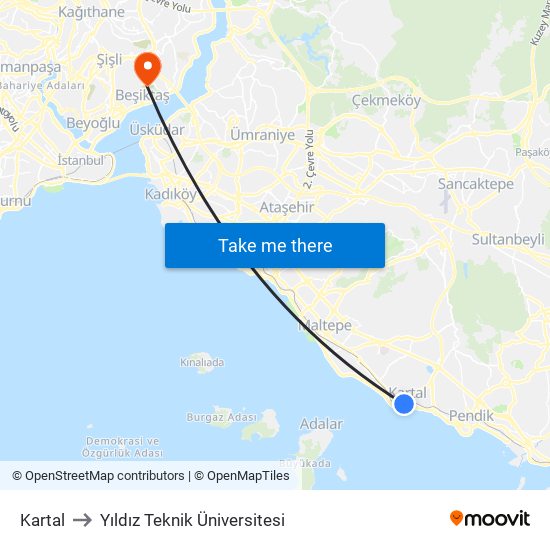 Kartal to Yıldız Teknik Üniversitesi map