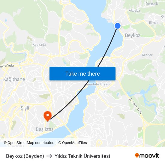 Beykoz (Beyden) to Yıldız Teknik Üniversitesi map