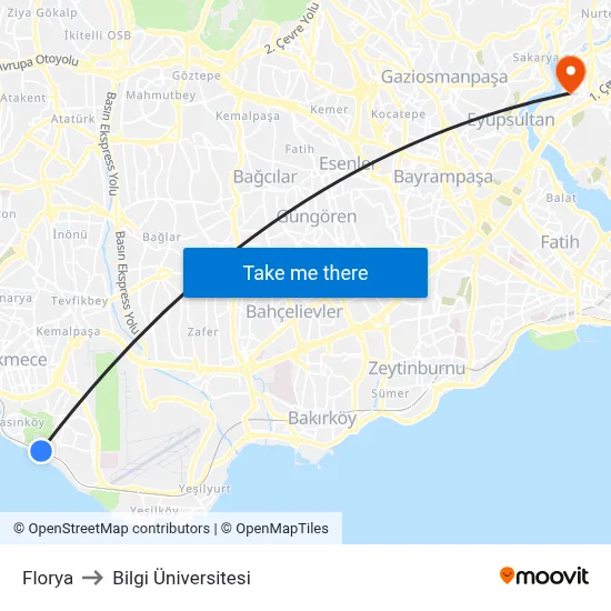 Florya to Bilgi Üniversitesi map