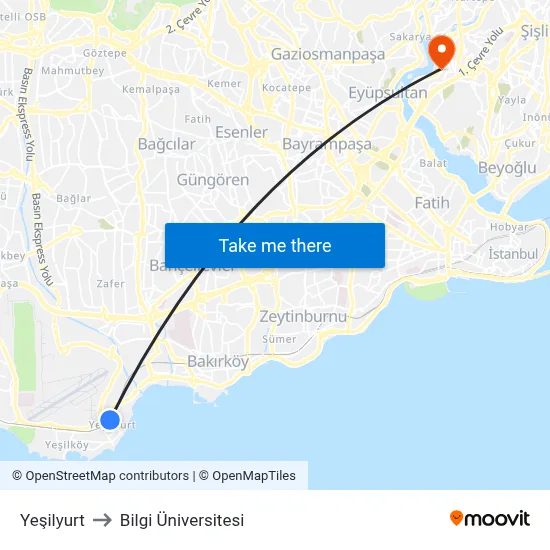 Yeşilyurt to Bilgi Üniversitesi map