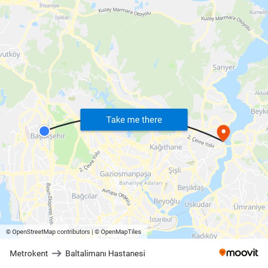 Metrokent to Baltalimanı Hastanesi map